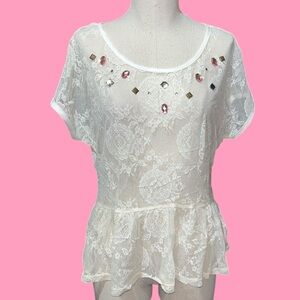 Y2K Delia’s floral lace white blouse gems bedazzled  medium fairy angel grunge